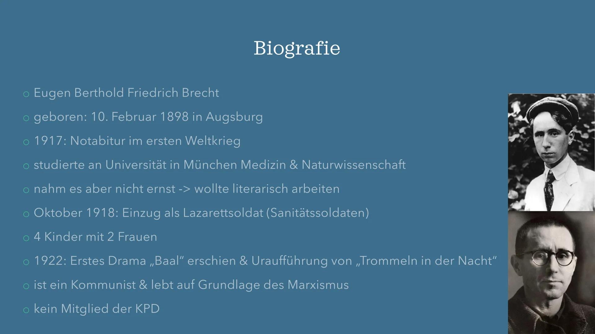 
<h2 id="biografie">Biografie</h2>
<p>Eugen Berthold Friedrich Brecht wurde am 10. Februar 1898 in Augsburg geboren. Er absolvierte 1917 sei