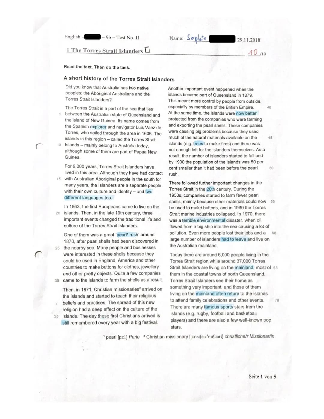 English
-9b-Test No. II
1 The Torres Strait Islanders
Read the text. Then do the task.
A short history of the Torres Strait Islanders
Did yo