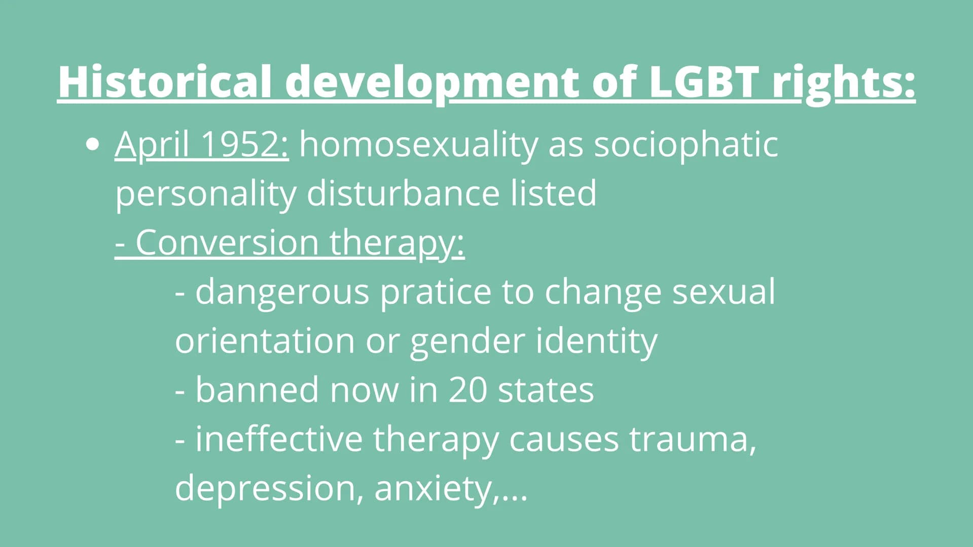 LGBTQ+ - Handout
1.) Definition: Lesbian, Gay, Bisexual, Transgender, Queer, Plus
2.) Historical development of LGBT rights:
-
1924: Society