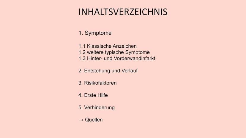 HERZINFARKT
Erkrankungen des Herz-Kreislauf-Systems INHALTSVERZEICHNIS
1. Symptome
1.1 Klassische Anzeichen
1.2 weitere typische Symptome
1.