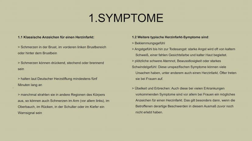 HERZINFARKT
Erkrankungen des Herz-Kreislauf-Systems INHALTSVERZEICHNIS
1. Symptome
1.1 Klassische Anzeichen
1.2 weitere typische Symptome
1.