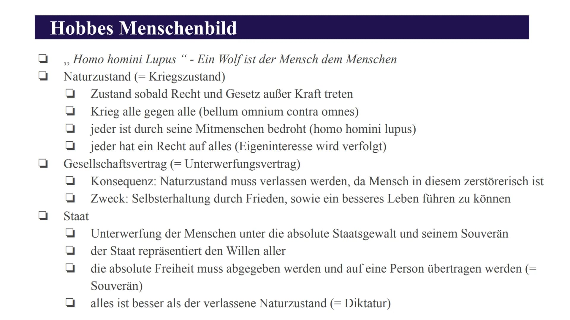 Thomas Hobbes Inhalt
0
Vita
Hobbes zur Philosophie
historischer Kontext
zeitliche Umstände
30-jähriger Krieg
Bürgerkrieg
Hobbes Menschenbild