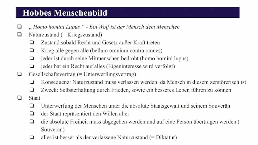 Thomas Hobbes Inhalt
0
Vita
Hobbes zur Philosophie
historischer Kontext
zeitliche Umstände
30-jähriger Krieg
Bürgerkrieg
Hobbes Menschenbild