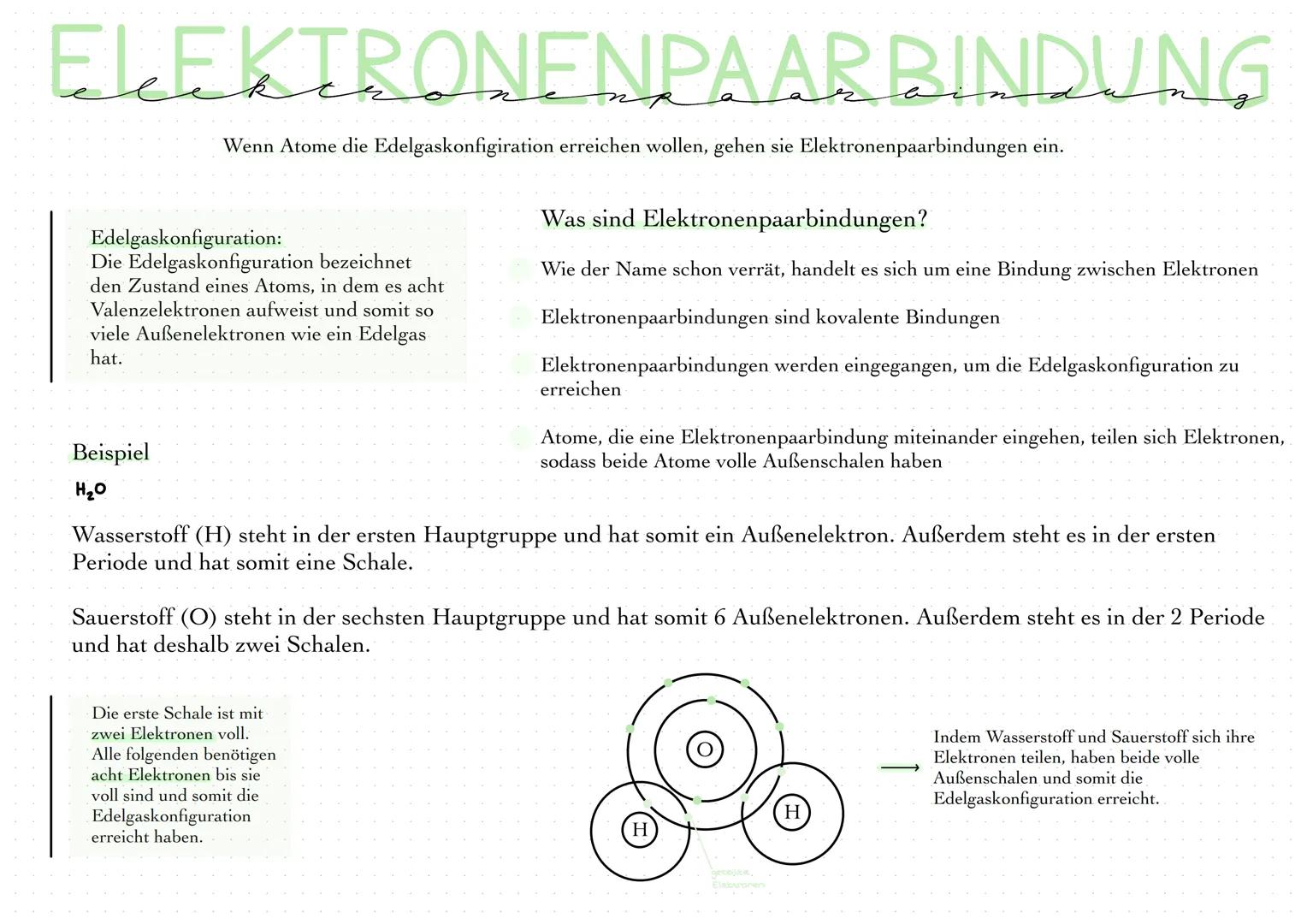 # ELEKTRONENPAARBINDUNG

Wenn Atome die Edelgaskonfigiration erreichen wollen, gehen sie Elektronenpaarbindungen ein.

Edelgaskonfiguration: