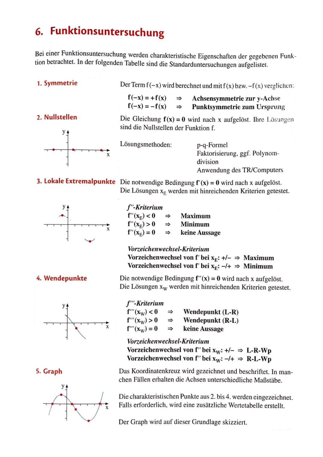 o Symmetrie
O Verhalten im Unendlichen
O Nullstellen
o Extrema/Sattelpunkte
o Wendepunkte
O Skizze des Graphen
Symmetrie
s.o. (Ganzrationale