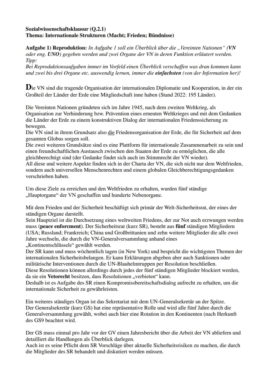Sozialwissenschaftsklausur
(Q.2.1)
Thema: Internationale Strukturen (Macht; Frieden; Bündnisse)
Aufgabe 1) Reproduktion: In Aufgabe 1 soll e