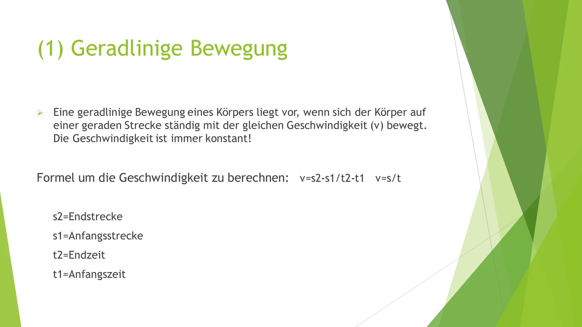1. Gradlinige Bewegung
2. Gleichförmige Bewegung
3. Beschleunigung
4. Gleichförmige Beschleunigung
5. Freier Fall
6. Superpositionsprinzip
7