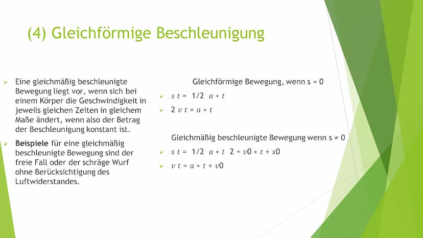 1. Gradlinige Bewegung
2. Gleichförmige Bewegung
3. Beschleunigung
4. Gleichförmige Beschleunigung
5. Freier Fall
6. Superpositionsprinzip
7