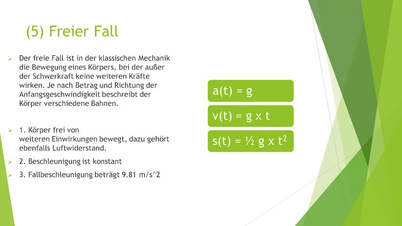1. Gradlinige Bewegung
2. Gleichförmige Bewegung
3. Beschleunigung
4. Gleichförmige Beschleunigung
5. Freier Fall
6. Superpositionsprinzip
7