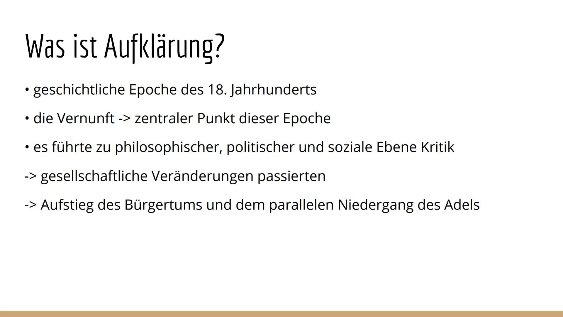 Aufklärung
(1720-1800) # Was ist Aufklärung?

• geschichtliche Epoche des 18. Jahrhunderts

• die Vernunft -> zentraler Punkt dieser Epoche
