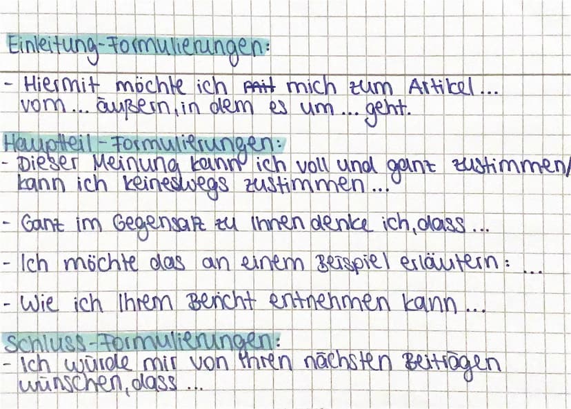 Leserbrief-Aufbau
Anrede (sehr geehrte Frau/Herr...)
Einleitung (Bezug zum Artikel: Titel, Textsorte,
Erscheinungsdatum Thema)
(Meinung des 