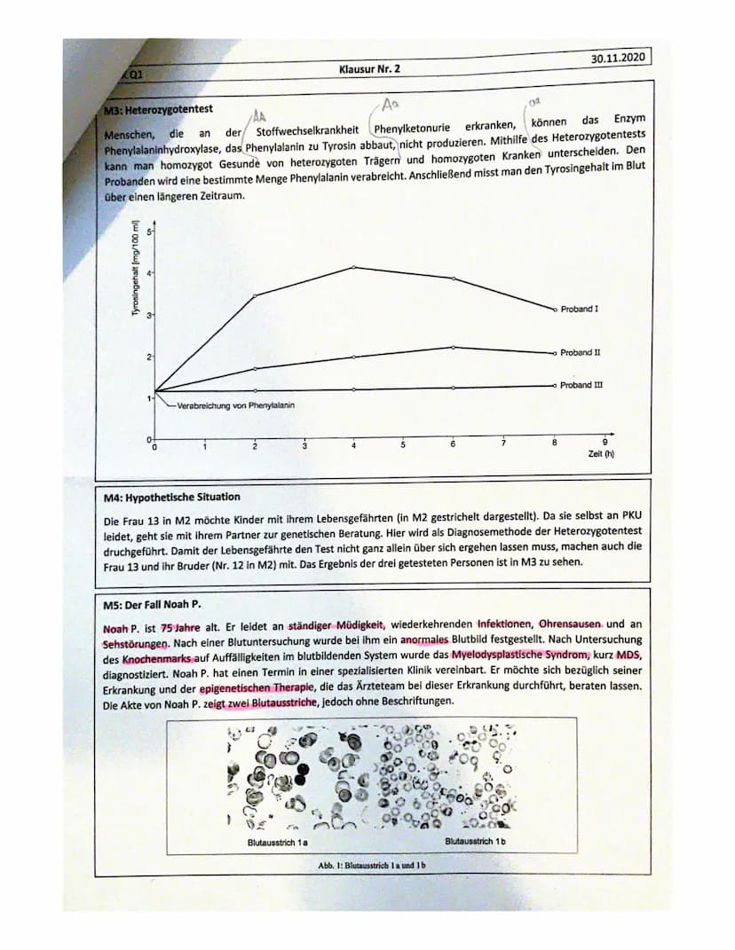 Bio LK Q1
NAME:
Aufgabe 2- Epigenetische Krebstherapie
ar
Aufgabe 1-Erbkrankheit Phenylketonurie
a) Beschreiben Sie anhand von Material M1 d