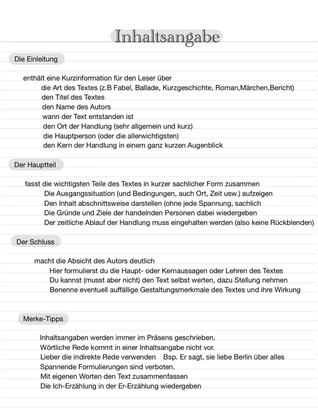 # Inhaltsangabe

Die Einleitung

enthält eine Kurzinformation für den Leser über

*   die Art des Textes (z.B Fabel, Ballade, Kurzgeschichte