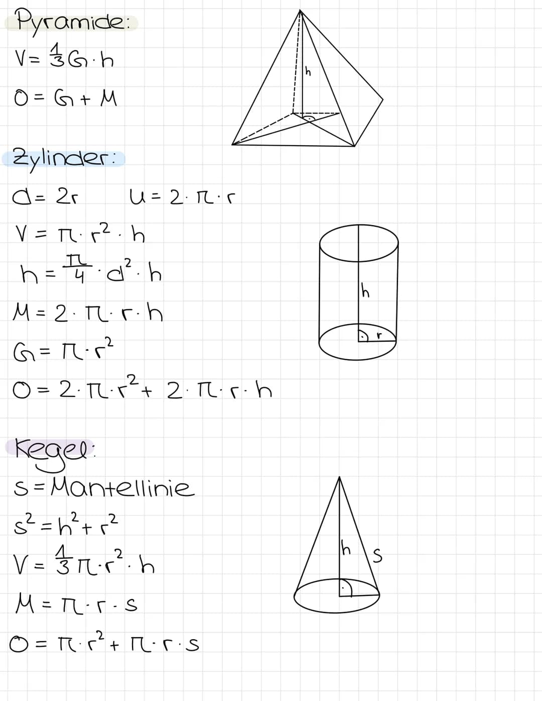 V = Volumen
O=Oberfläche
Würfel:
V=a³
0=6₁a²
2
Körper
Quader:
v=a·b·c
0 = 2 (ab + ac + bc)
Prisma:
G = Grundfläche
h = Körperhöhe
M = Mantel