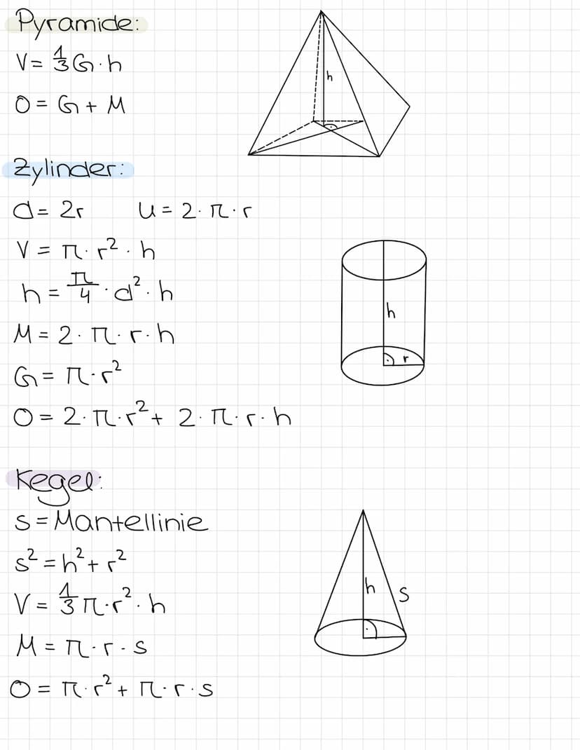 V = Volumen
O=Oberfläche
Würfel:
V=a³
0=6₁a²
2
Körper
Quader:
v=a·b·c
0 = 2 (ab + ac + bc)
Prisma:
G = Grundfläche
h = Körperhöhe
M = Mantel