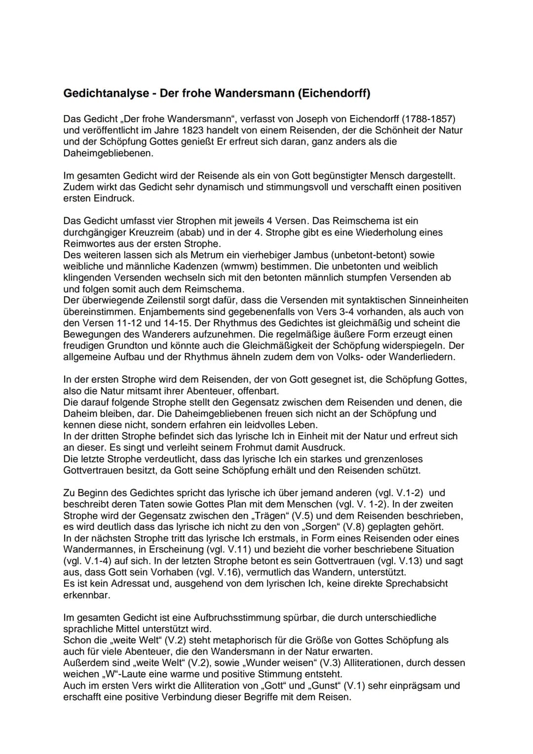 Gedichtanalyse - Der frohe Wandersmann (Eichendorff)
Das Gedicht ,,Der frohe Wandersmann", verfasst von Joseph von Eichendorff (1788-1857)
u