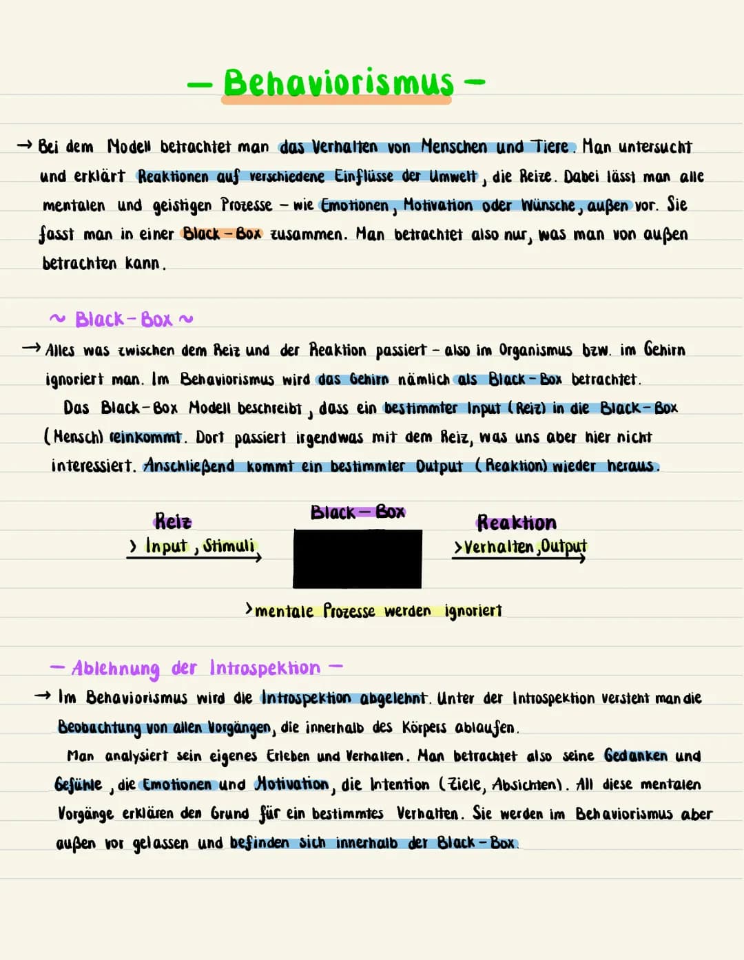 Behaviorismus -
→Bei dem Modell betrachtet man das Verhalten von Menschen und Tiere. Man untersucht
und erklärt Reaktionen auf verschiedene 