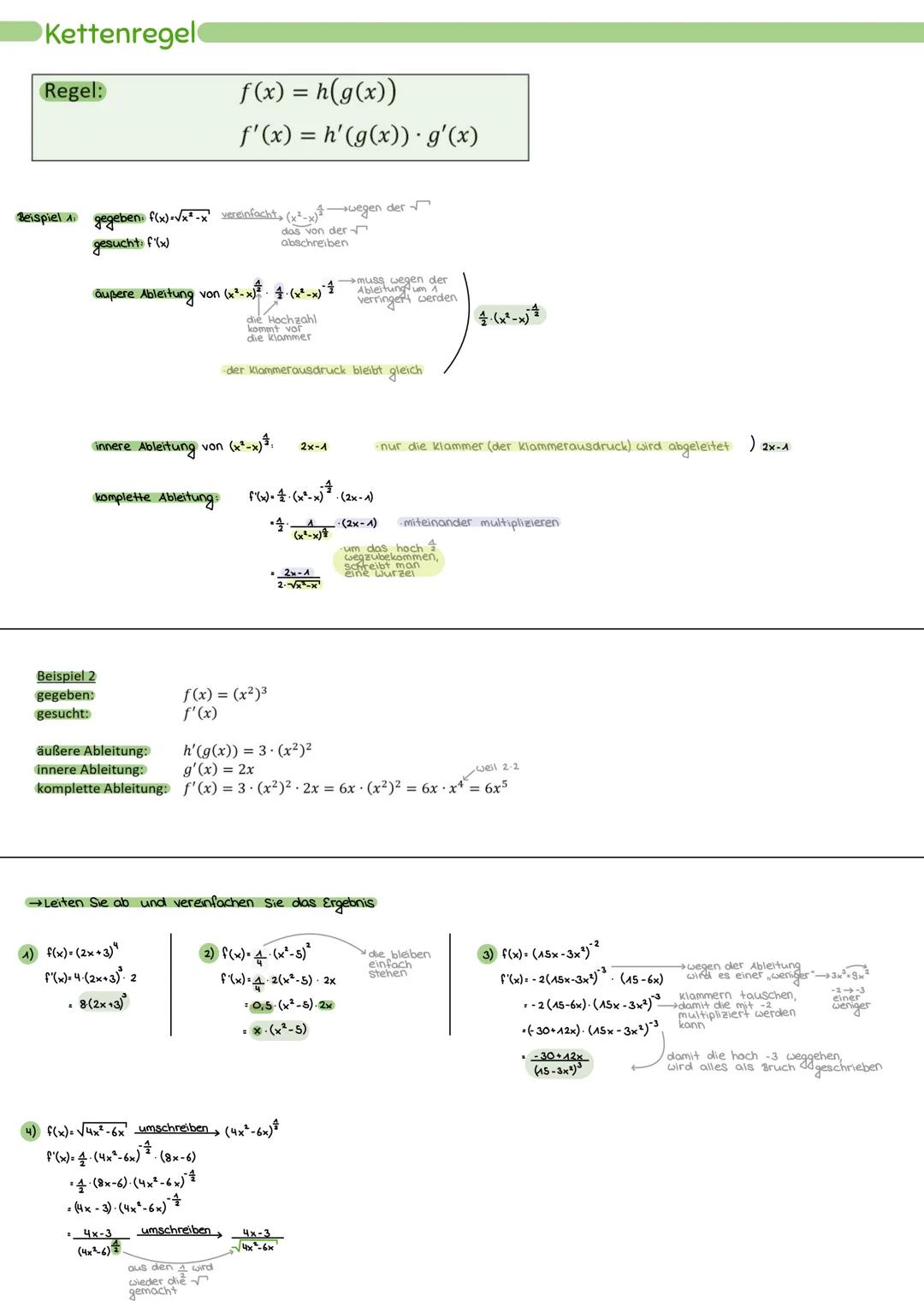# Kettenregel

Regel:

$f(x) = h(g(x))$

$f'(x) = h' (g(x)) \cdot g'(x)$

Beispiel gegeben $f(x) = \sqrt{x^2-x}$ vereinfacht, $(x^2-x)^{\fra