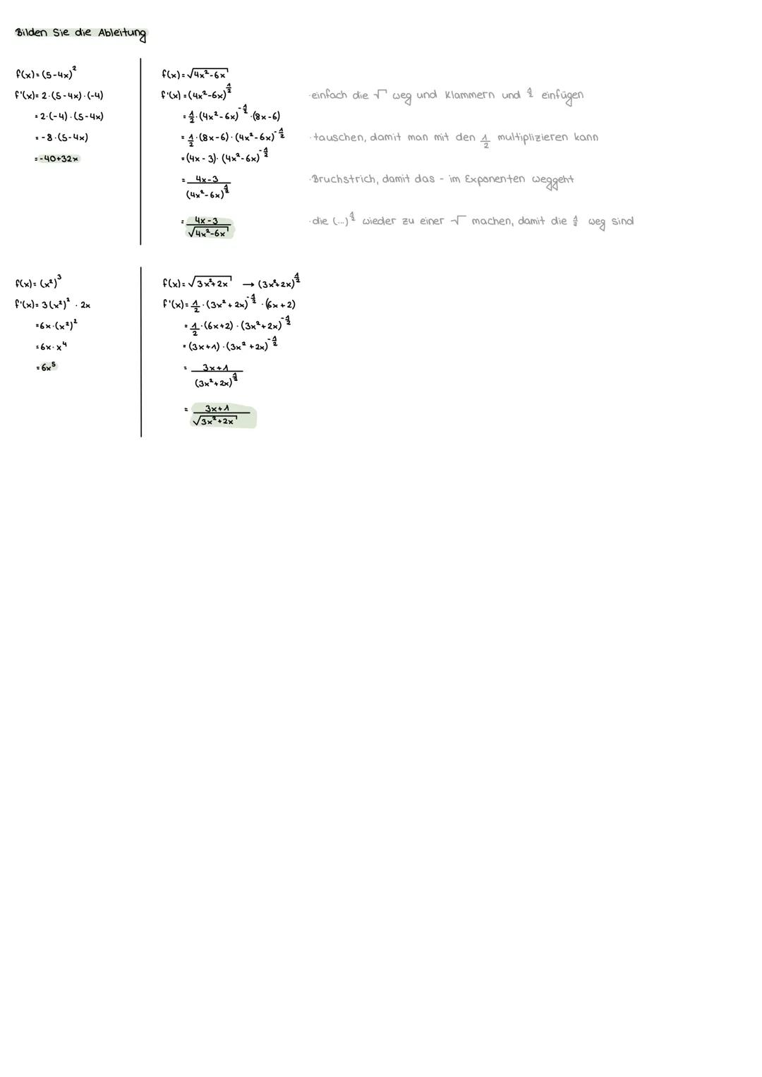 # Kettenregel

Regel:

$f(x) = h(g(x))$

$f'(x) = h' (g(x)) \cdot g'(x)$

Beispiel gegeben $f(x) = \sqrt{x^2-x}$ vereinfacht, $(x^2-x)^{\fra