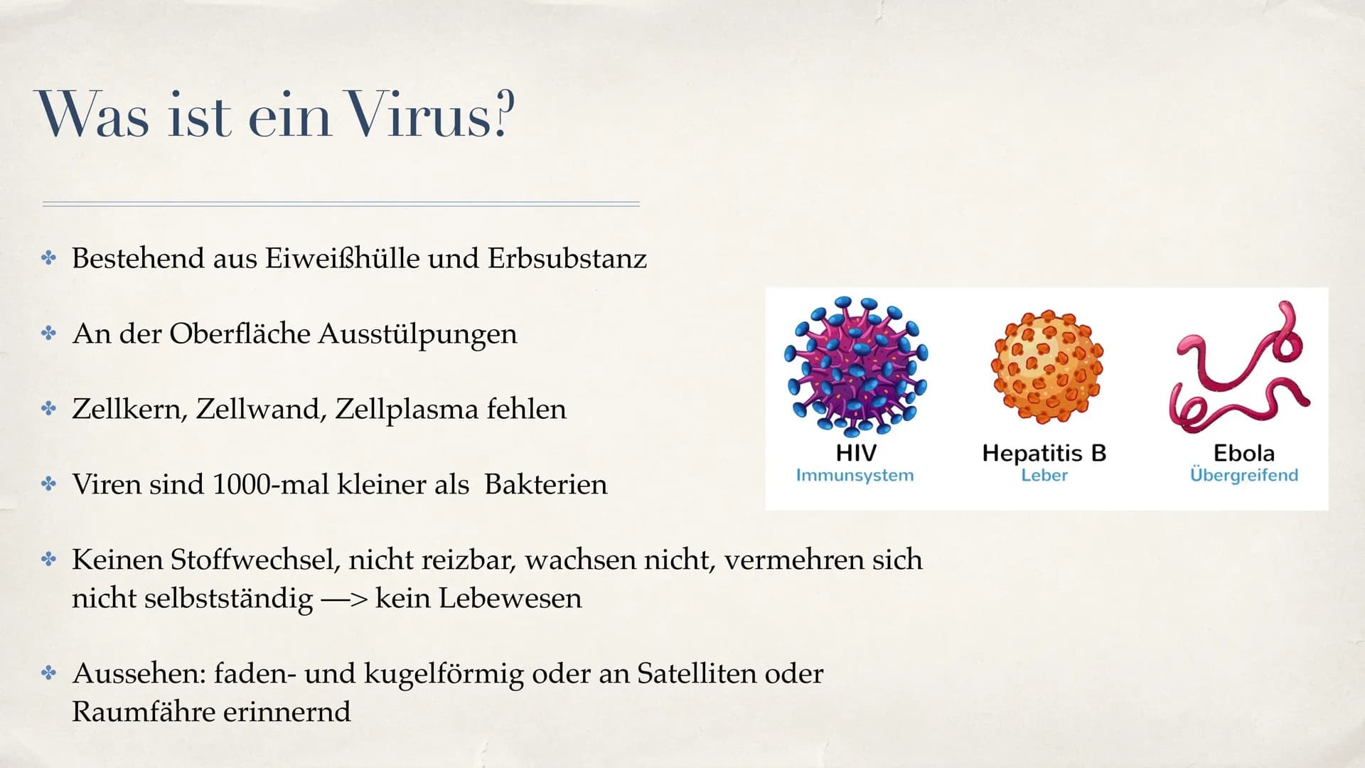 Viren
A Inhaltsverzeichnis
Was ist ein Virus?
* Struktur
+ Wie wirkt Virus im Körper?
Unterschied zwischen Viren und Bakterien
→ Spanische G