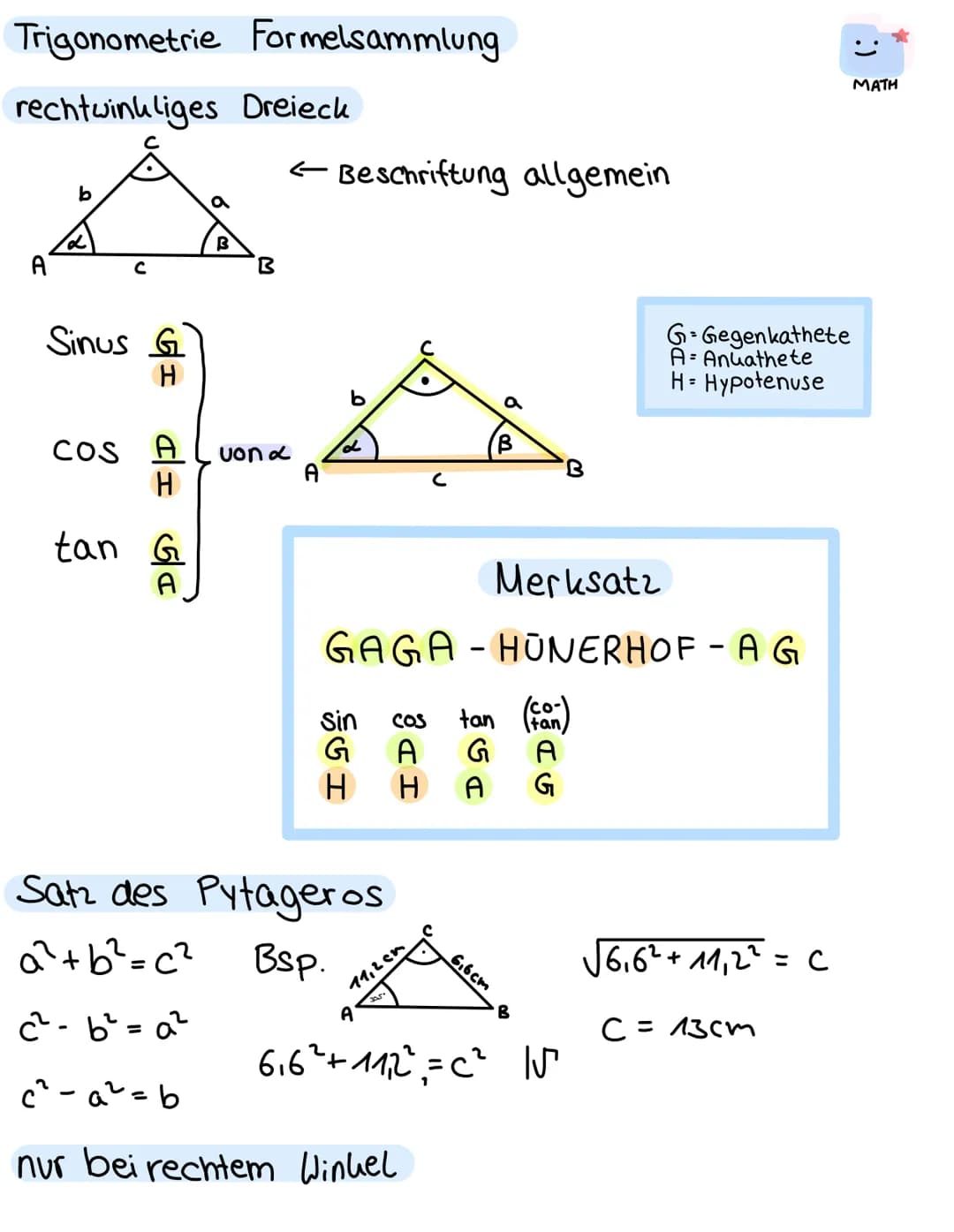 Trigonometrie Formelsammlung
rechtwinkliges Dreieck
A
b
Sinus G
H
COS
D9 ID
A
tan G
a
B
von d
Beschriftung allgemein
d
Sin
G
H
I DE
Satz des