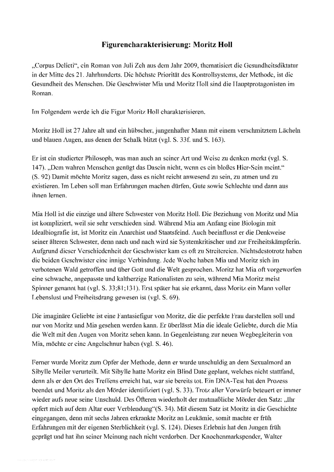 Detaillierte Figurenanalyse zu Moritz Holl im Roman Corpus Delicti