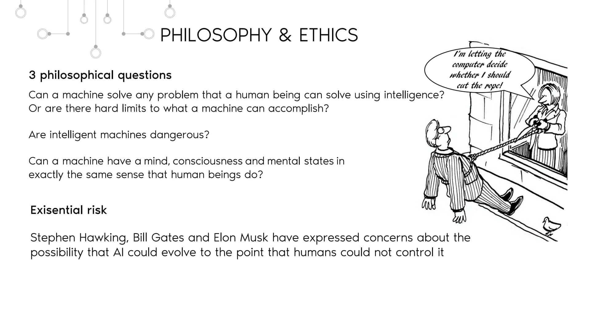 DEFINITIONS
&
BASICS
SCIENCE - ENHANCING LIFE?
CHALLENGES
TOOLS
&
APPLICATIONS
Q
AI
PHILOSOPHY & ETHICS
COMPARISON ARTIFICIAL
HUMAN INTELLIG