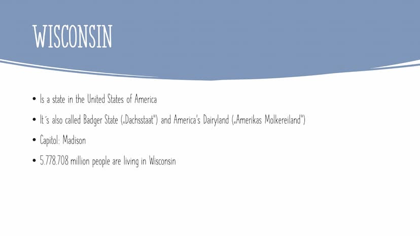 WISCONSIN INHALT:
●
●
Wisconsin
Geography
Attractions
What Wisconsin is known for
Famous sports teams
Pictures WISCONSIN
●
Is a state in the