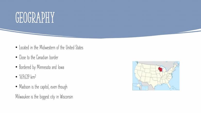 WISCONSIN INHALT:
●
●
Wisconsin
Geography
Attractions
What Wisconsin is known for
Famous sports teams
Pictures WISCONSIN
●
Is a state in the