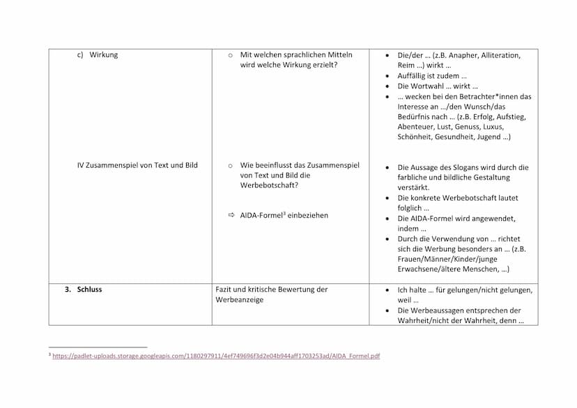 1. Einleitung
2. Hauptteil
I Layout
Elemente
Eine Werbeanalyse schreiben
O
O
Welches Produkt wird beworben?
Welches Unternehmen wirbt?
Wo wi