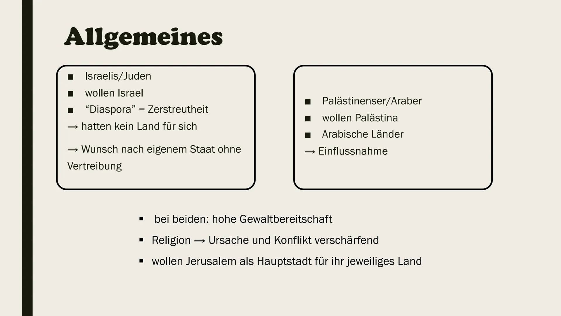 LOI  DER NAHOSTKONFLIKT
Israel - Palästina Konflikt Gliederung
■
Allgemeines
Wer ist beteiligt?
Was wollen sie?
Verlauf
Geschichtlicher Hint