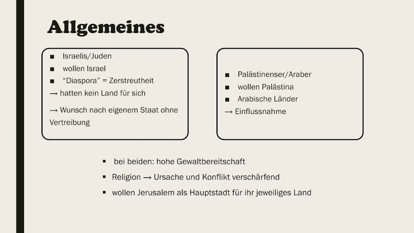 LOI  DER NAHOSTKONFLIKT
Israel - Palästina Konflikt Gliederung
■
Allgemeines
Wer ist beteiligt?
Was wollen sie?
Verlauf
Geschichtlicher Hint