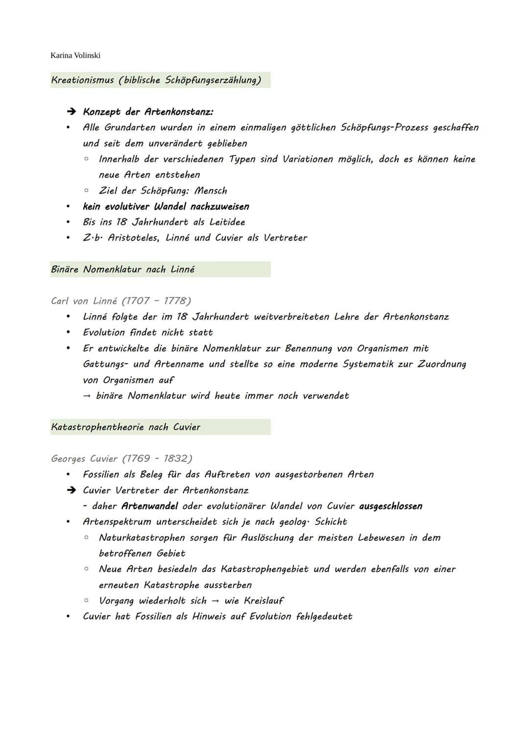 Karina Volinski
Evolution
.
Evolutionstheorien
1. Kreationismus
2. Linné
3. Katastrophentheorie
4. Lamarck
●
●
5. Darwin
6. Synthetische Evo