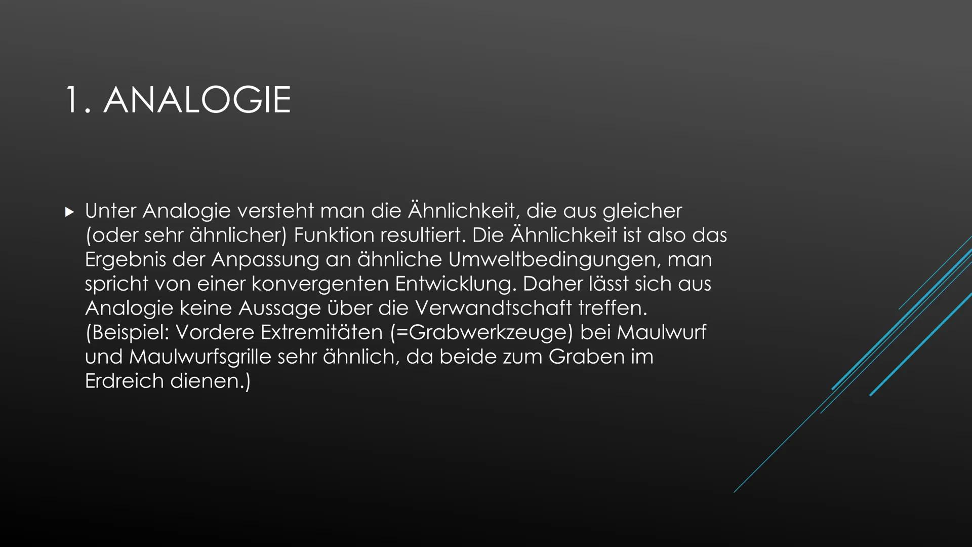 Belege für die Evolution
Belege aus der Morphologie und Anatomie:
1. Analogie
Unter Analogie versteht man die Ähnlichkeit, die aus gleicher 