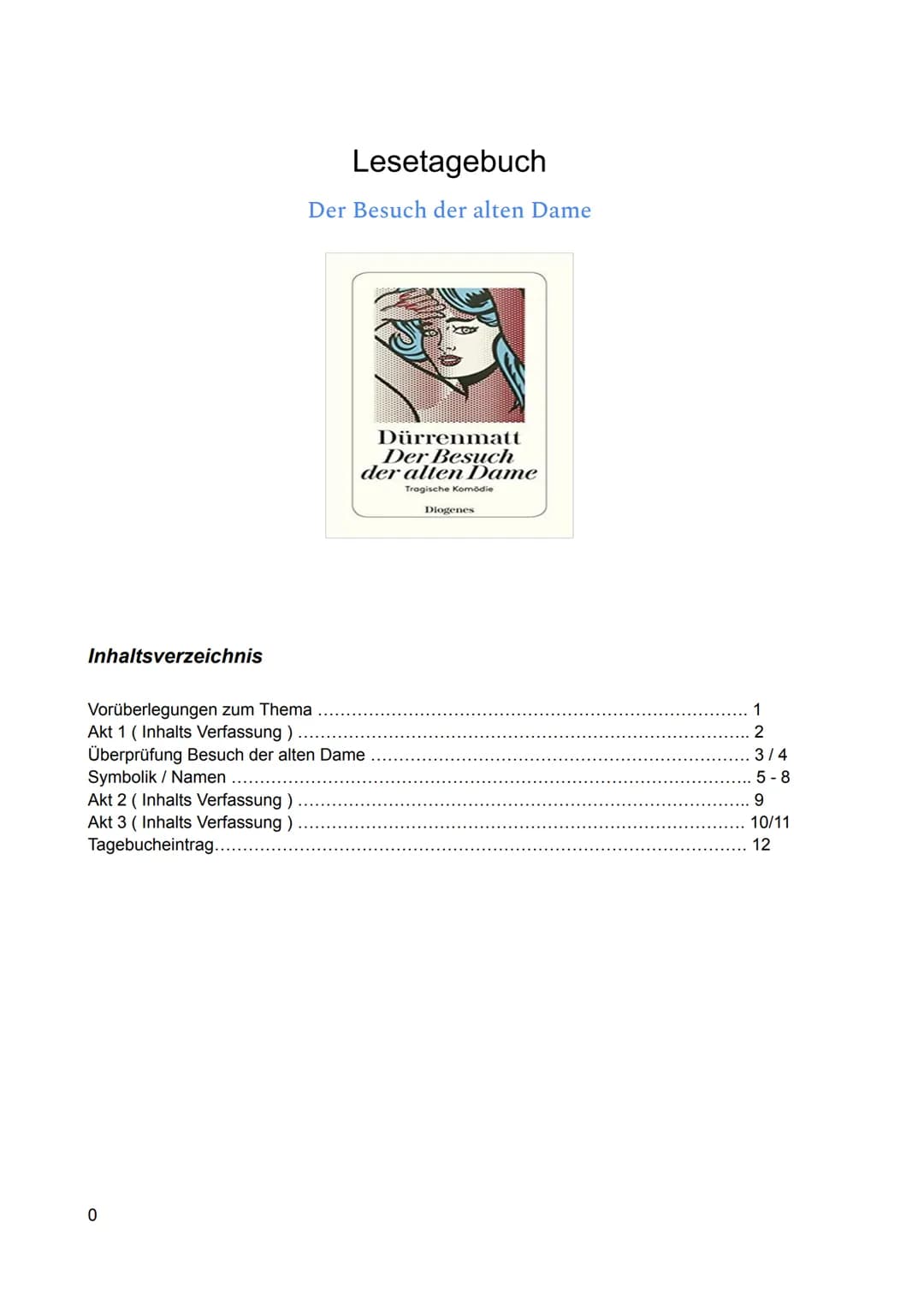 Inhaltsverzeichnis
Lesetagebuch
Der Besuch der alten Dame
0
Dürrenmatt
Der Besuch
der alten Dame
Tragische Komödie
Vorüberlegungen zum Thema