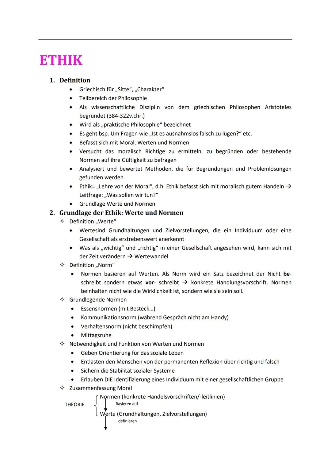 ETHIK
1. Definition
●
● Teilbereich der Philosophie
Als wissenschaftliche Disziplin von dem griechischen Philosophen Aristoteles
begründet (