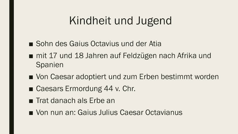 KAISER AUGUSTUS
Handout von: & Ilinca Michels
• Fach: Latein Datum: 01.12.2020
ALLGEMEINES:
GAIUS OCTAVIAN
23.09. 63 V.CHR. IN ROM, ITALIEN 