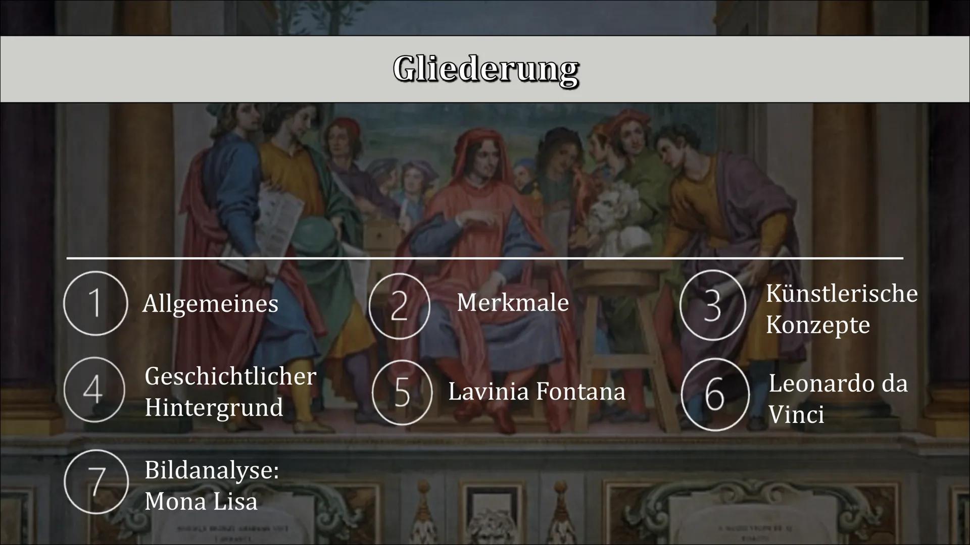 # DIE RENAISSANCE

EINE EPOCHE DER WIEDERGEBURT Gliederung

1) Allgemeines

2 Merkmale

3 Künstlerische
Konzepte

Geschichtlicher
4
5 Lavini