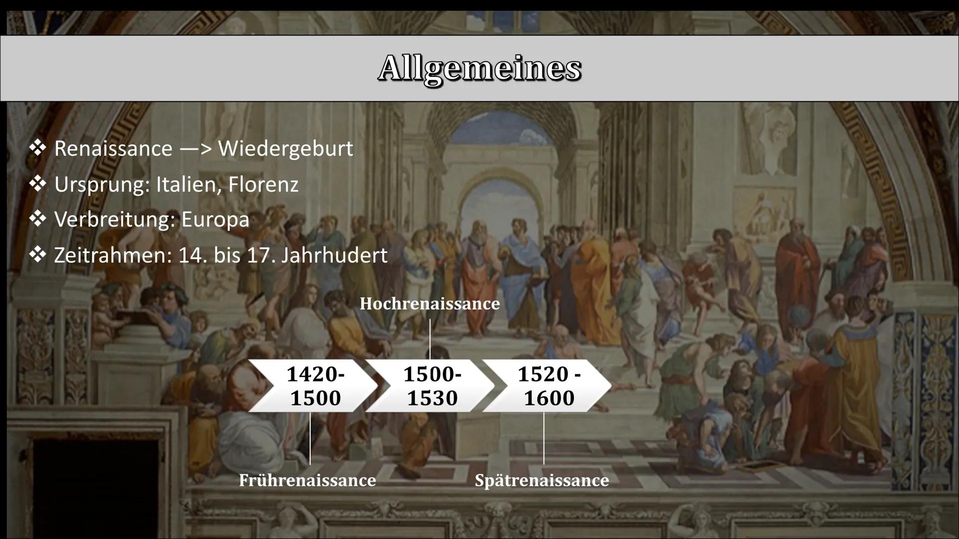 # DIE RENAISSANCE

EINE EPOCHE DER WIEDERGEBURT Gliederung

1) Allgemeines

2 Merkmale

3 Künstlerische
Konzepte

Geschichtlicher
4
5 Lavini