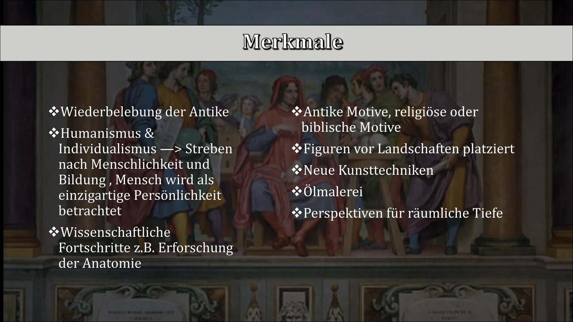 # DIE RENAISSANCE

EINE EPOCHE DER WIEDERGEBURT Gliederung

1) Allgemeines

2 Merkmale

3 Künstlerische
Konzepte

Geschichtlicher
4
5 Lavini