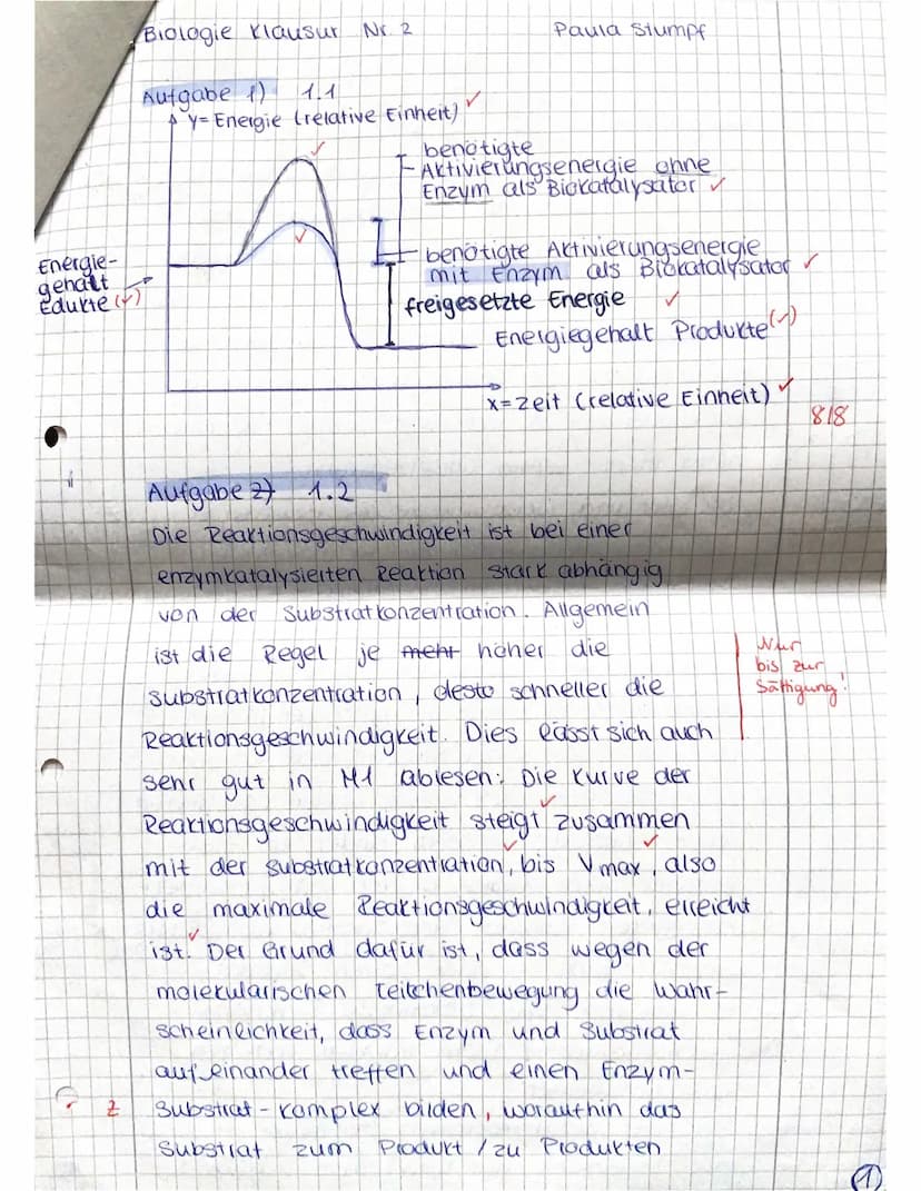 2. Biologieklausur - Enzymatik
Hinweise: Bearbeiten Sie die Aufgaben auf Blättern, die einen Korrekturrand von ca. 6 cm und eine fort-
laufe