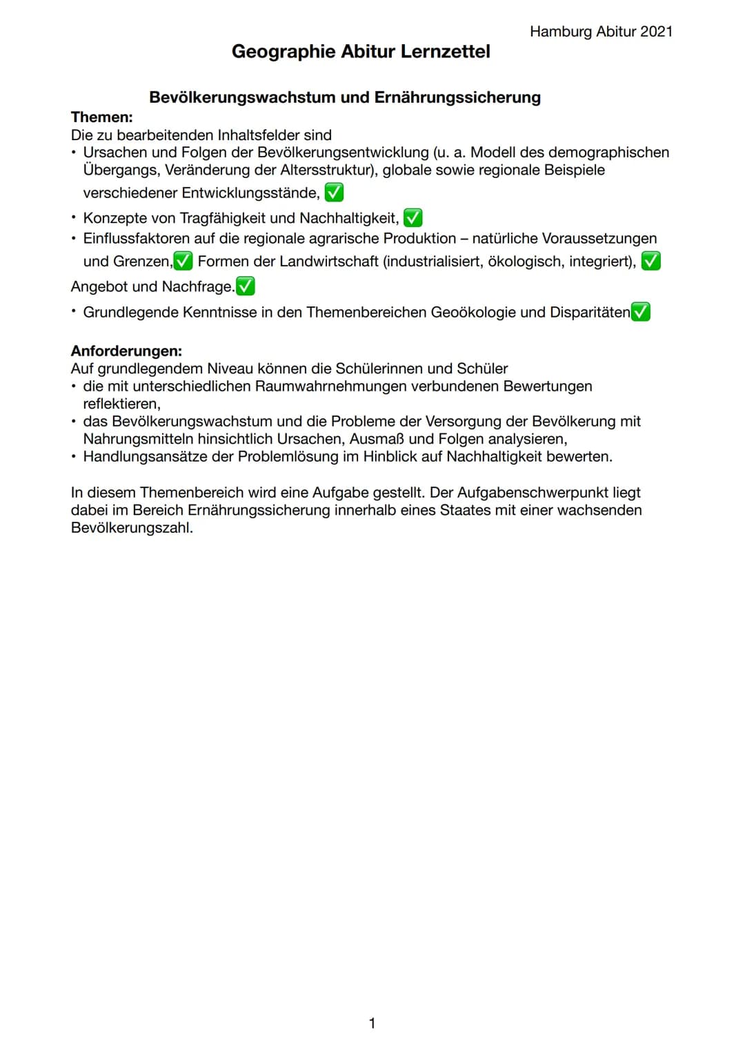Geographie Abitur Lernzettel
Hamburg Abitur 2021
Bevölkerungswachstum und Ernährungssicherung
Themen:
Die zu bearbeitenden Inhaltsfelder sin