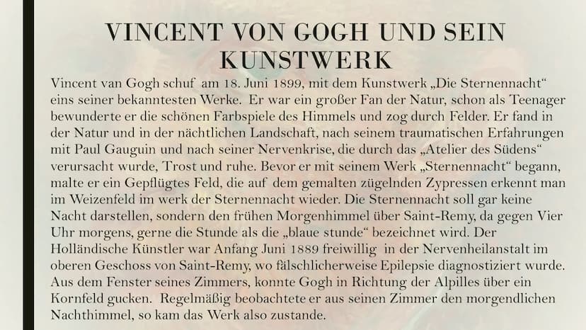 „THE
STARRY
NIHGHT"
BY
VINCENT
VAN GOGH
99 THEMÜBERSICHT
1.
2.
3.
4.
5.
6.
ALLGEMEINES ÜBER DAS
KUNSTWERK
STECKBRIEF DES KÜNSTELERS
(VINCENT