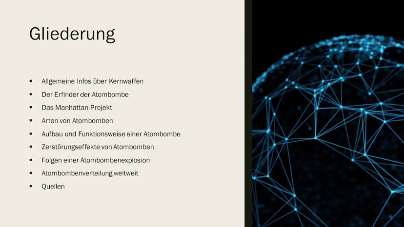 ARTEN UND AUFBAU VON
KERNWAFFEN - ATOMBOMBE
Referat von Emely-Sofie Bartl
H Gliederung
■
■
I Aufbau und Funktionsweise einer Atombombe
Zerst