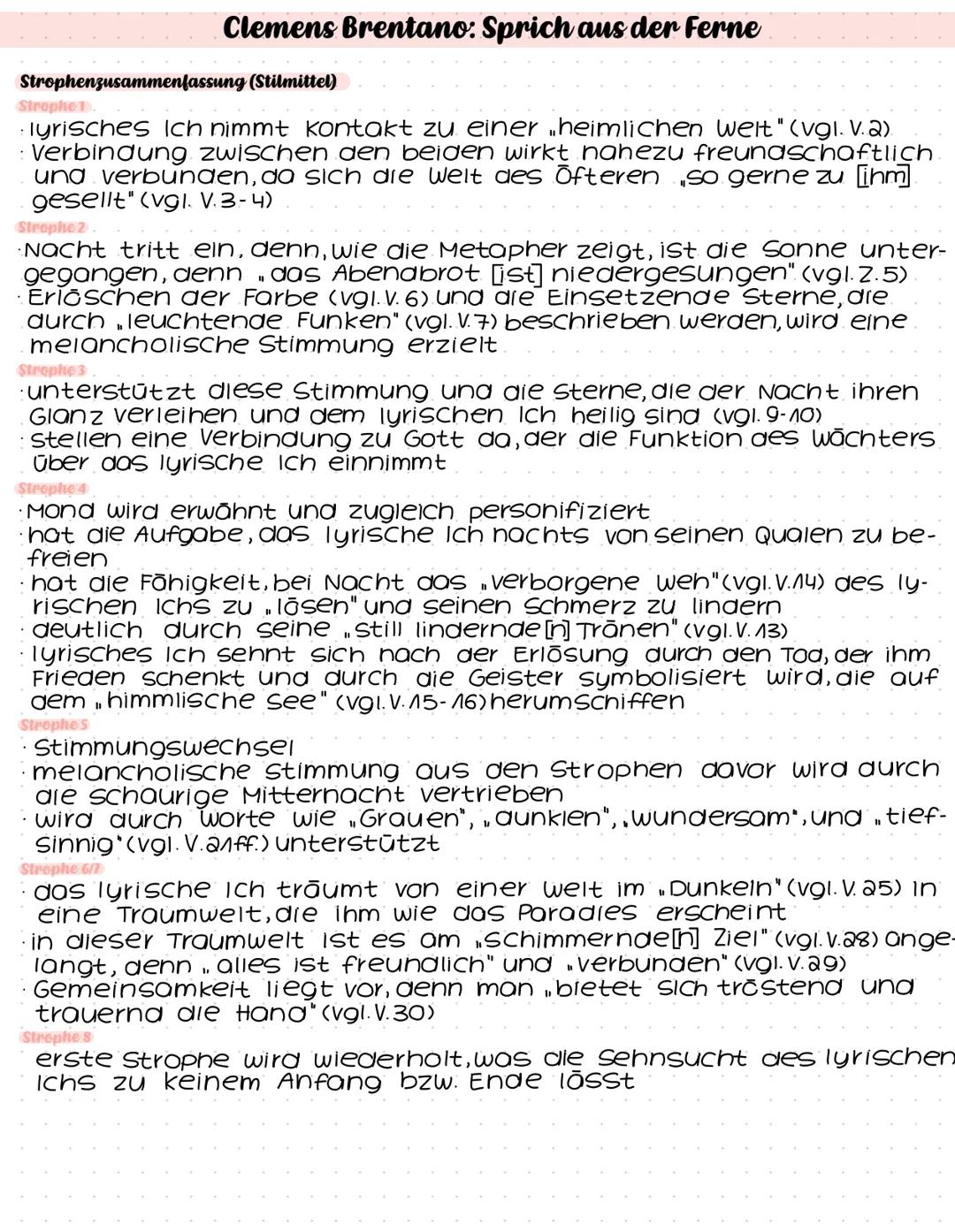 # Clemens Brentano: Sprich aus der Ferne

Strophenzusammenfassung (Stilmittel)

Strophe

- lyrisches Ich nimmt kontakt zu einer „heimlichen 