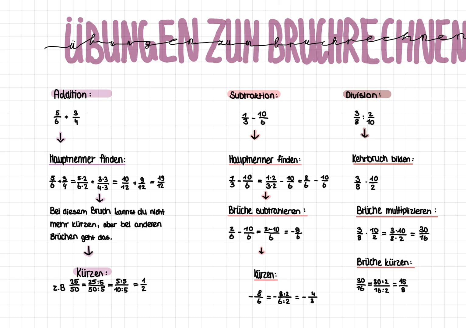 ÜBUNGEN ZUN BRUCHRECHNEN
Addition:
6. 141/106
+
↓
Hauptnenner finden:
8 +2 = 6²-2²2 + 3 = 12 + 12 = 12
4.3
↓
Bei diesem Bruch kannst du nich