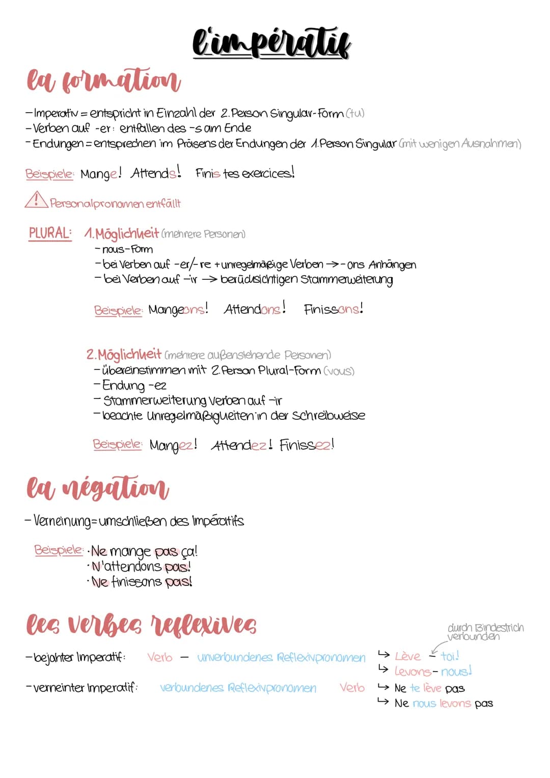 l'impératif
la formation
-Imperativ = entspricht in Einzahl der 2. Person Singular-Form (tu)
- Verben auf -er: entfallen des -s am Ende
-End