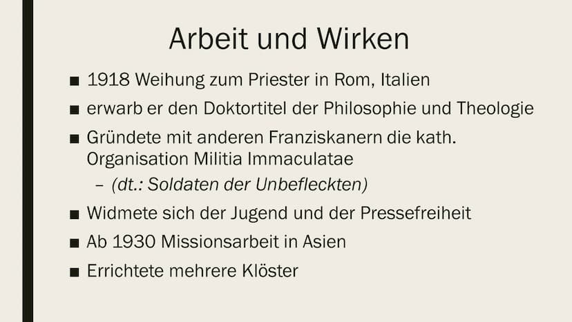 MAXIMILIAN
KOLBE
Eine Präsentation von
Ilinca Michels Inhalt
Biografie
Arbeit und Wirken
Verhaftung und Deportation
■ Ehrungen
■Quellen Biog