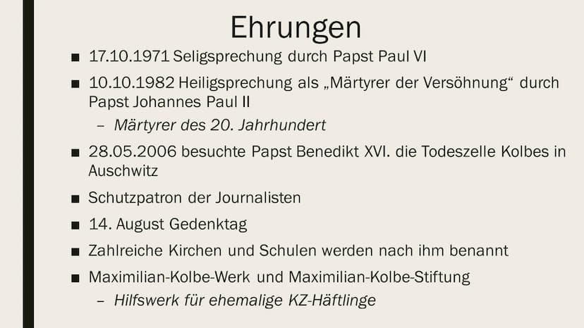 MAXIMILIAN
KOLBE
Eine Präsentation von
Ilinca Michels Inhalt
Biografie
Arbeit und Wirken
Verhaftung und Deportation
■ Ehrungen
■Quellen Biog