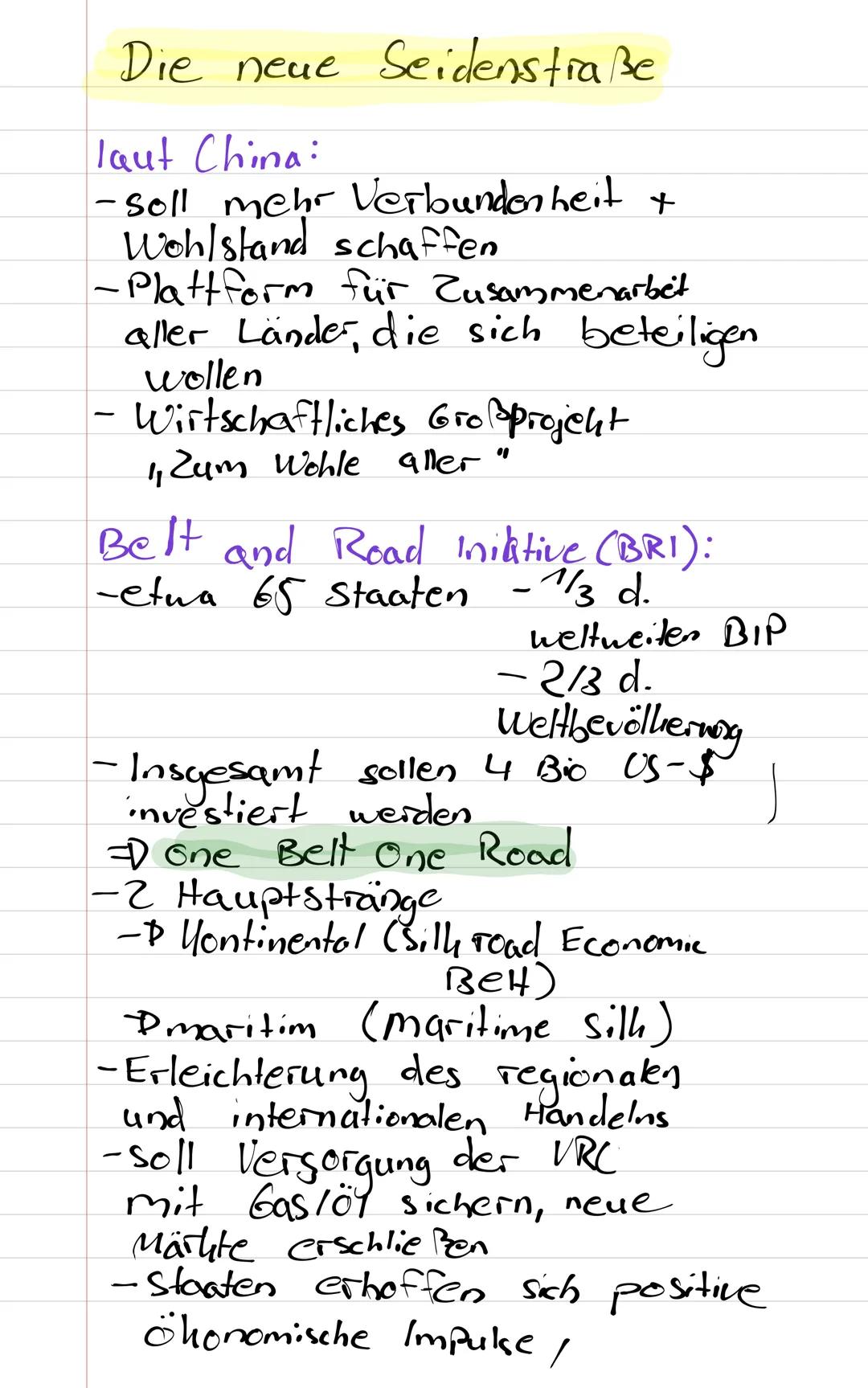 # Die neue Seidenstraße

laut China:
- soll mehr Verbundenheit +
Wohlstand schaffen
-Plattform für Zusammenarbet
aller Länder, die sich bete